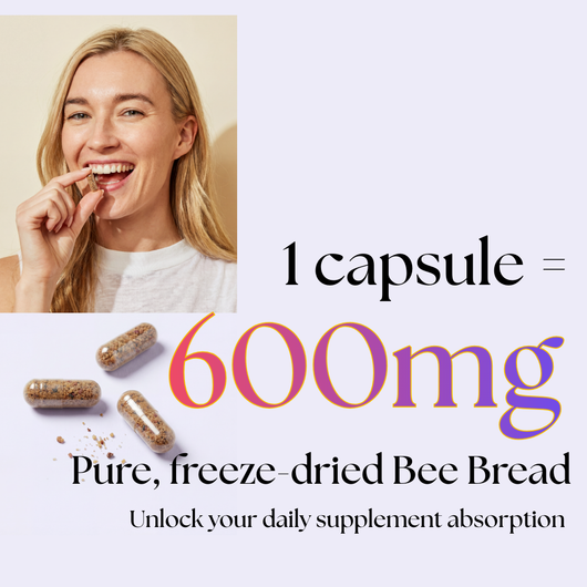 A woman smiles, holding a capsule of Bee Vitality 🐝. Beneath, pure capsules reveal natural contents. Text: 1 capsule = 600mg freeze-dried fermented bee bread—a natural bio-potentiator supporting daily supplement absorption.