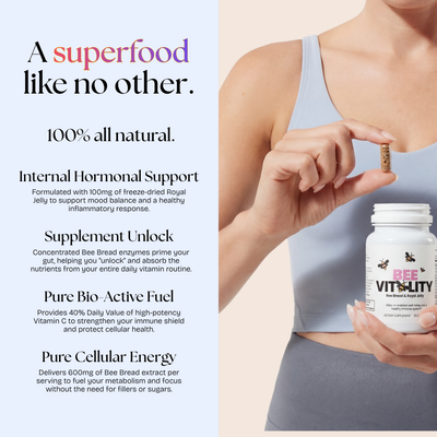 A woman in athletic wear holds Bee Vitality 🐝 and a capsule. Text beside her showcases its natural fermented bee bread and Royal Jelly, emphasizing the health benefits of this supplement.
