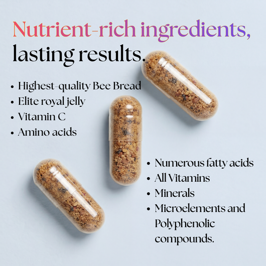Three clear capsules of Bee Vitality 🐝, filled with brown granules, rest on a light blue background. Text highlights nutrient-rich Royal Jelly, fermented bee bread, vitamins, minerals, fatty acids, and a bio-potentiator blend.