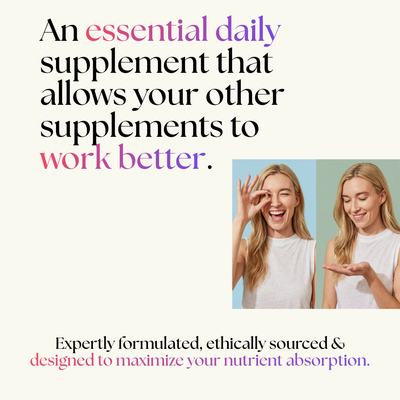 A promotional image features the text: “Bee Vitality 🐝—an essential daily supplement that lets your other supplements work better.” Photos show a smiling woman with long blonde hair holding Bee Vitality, formulated to maximize nutrient absorption.