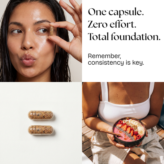 A collage with a woman touching her face, capsules on a white surface, and a smoothie bowl. One capsule. Zero effort. Total foundation. Bee Vitality 🐝 with Royal Jelly—nature’s bio-potentiator. Consistency is key!.