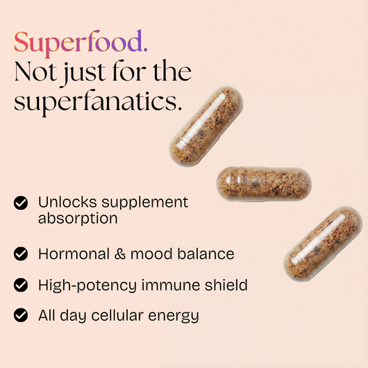 Three brown Bee Vitality 🐝 supplement capsules on a light background beside text: Unlocks absorption with bio-potentiator action, supports hormonal & mood balance, boosts immunity, and provides all-day cellular energy.
